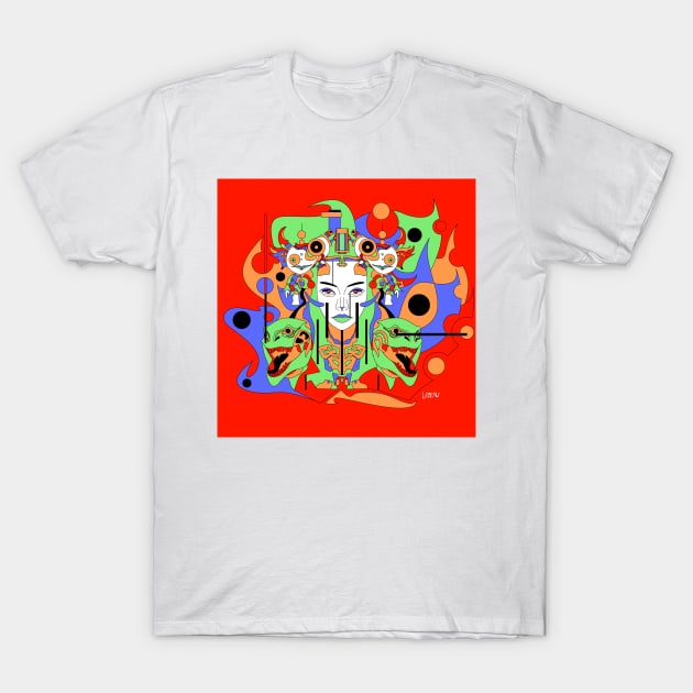 paninaro metal madness in ecopop abstract woman kaiju dinosaur T-Shirt by jorge_lebeau